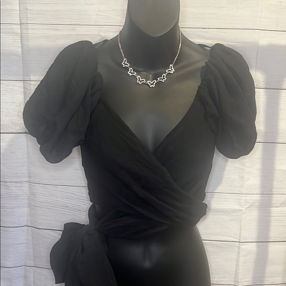 Elegant Black Wrap Top with Puff Sleeves